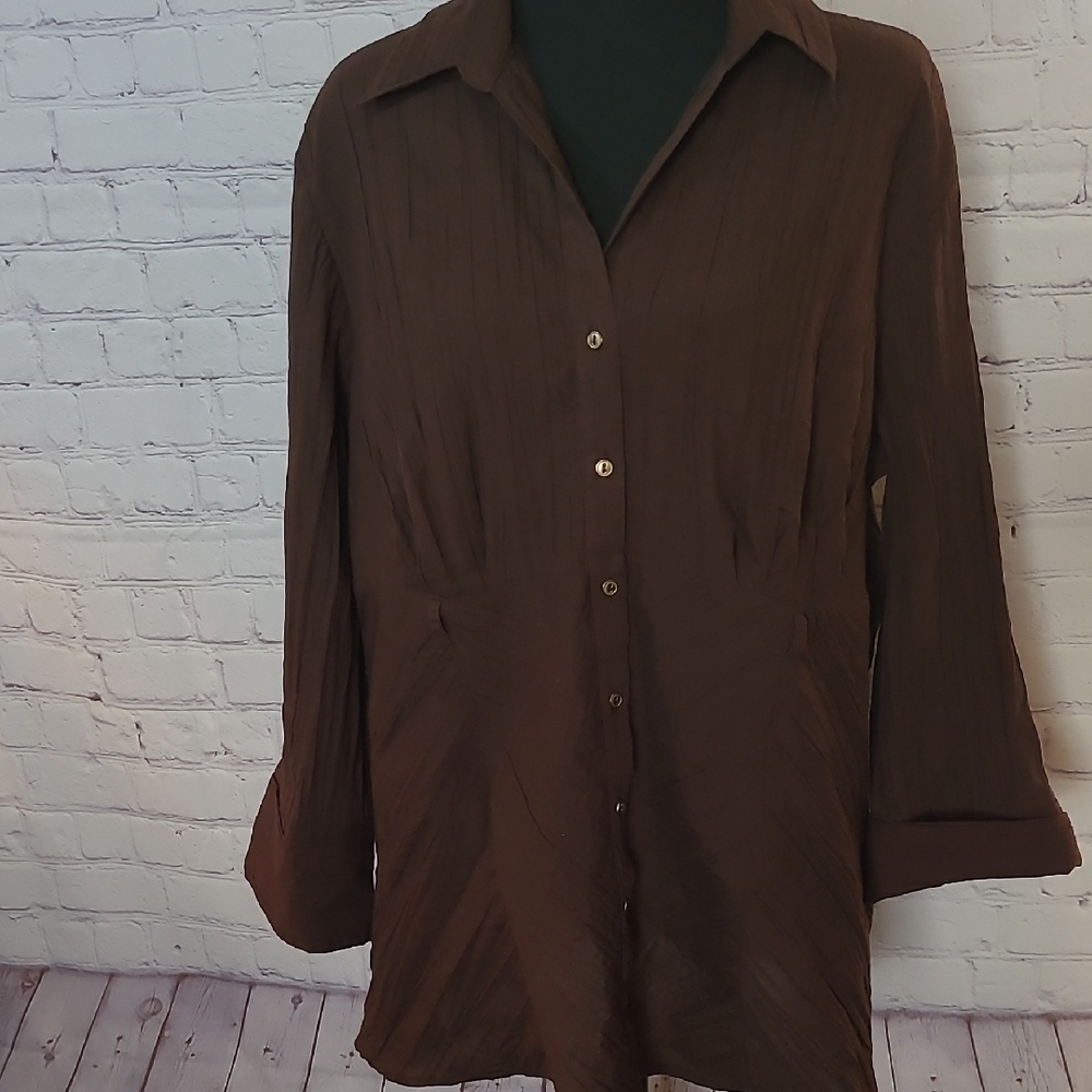 Cato Size 18/20W Brown Long Sleeve Button Semi Fitted Shirt Blouse
